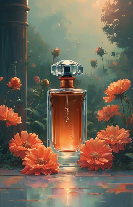 masterpiece,best quality,<lora:tbh326-sdxl:0.9>,illustration,style of Alena Aenami A bottle of perfume in garden