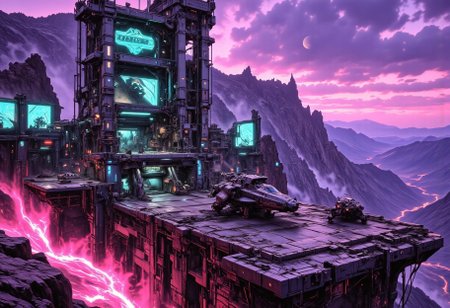 OBxiaoxiang, CAICO, inksketch purple and gray theme, Abstract digital painting in the style of ck-js, detailed photorealistic image, a sci-fi Miningstation of colossal buildings and towers in a barren lavender lush landscape, looking like an Mining Outpost perched at the Cliff, a smelter attached to the structures, of a volcanic cliff, its sleek towers a stark contrast to the cliffs surrounding it. The planet’s sun casts a vivid, cyan surreal light across the station, while deep fissures reveal glowing rivers of molten pink lava far below. The sky is a surreal shade of black and purple, dark glowing diodes and lights ((dark glowing diodes, lights and neon signs), Firestorm Inc. written on the neon signs), attached to the building is a landing field with 3  Spaceships landed on it, Dragonkin like creatures are around fixing some spaceships, two moons hanging low in the horizon, each reflecting light off the surface, large depth of field. The sky is a dark pink, with 2 broken moons hanging low in the horizon <lora:more_details>
realistic, detailed background, shaded, detailed, hi res, realistic, photography \(artwork\), (by kenket), by ross tran, by michael & inessa garmash, by pino daeni, by isvoc, by kiguri, by alena aenami, by ruan jia, (by zenthetiger, by wolfy-nail), by Enki Bilal, by drmax, photorealism, <lora:add_detail:1.3