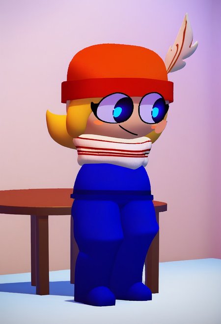 score_9,score_8_up,score_7_up, score_6_up, source_cartoon, g0th1c, glowing, neon lights, glowing eyes, Expressiveh, BREAK, Bambisona style, 3d, 3d art, beautiful, masterpiece, (cartoon), round head, bright colors, 1girl, cylinder legs, light-skinned, light skin female, red beanie, beanie, scarf, red stripped scarf, white scarf, hat, red hat, feather hat, golden feather, blue shirt, blue pants, beanie, blue eyes, full body, short hair, tied hair, blonde, feather on hat, chibi, large eyes, blush stickers, smiling, short female, cowboy shot, white room, white floor, white walls, paintings on walls, chairs, table, shortstack