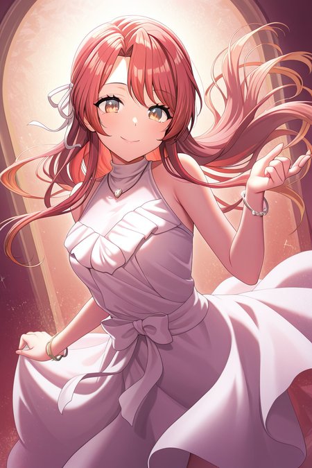 masterpiece, best quality, amazing quality,
 <lora:Haruna_IL:1> haruna, 1girl, solo, long hair, dress, smile, sleeveless, sleeveless dress, ribbon, floating hair, red hair, looking at viewer, hair ribbon, white dress, jewelry, bracelet