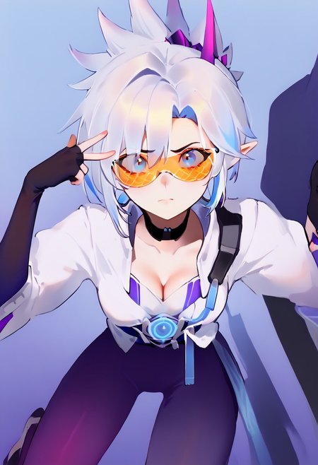 score_9, score_8, score_7_up solo BREAK 
1girl, BREAK medium breasts, seductive look,by yuio, <lora:yuio_style_PONYXL:1>,<lora:Mizah_style:1>,<lora:J.K_Pony_test_v1:1>,
BREAK Tracerkpop  , Tracer (overwatch),looking at viewer,blush,<lora:Lord_Moku:1> BREAK RivenSBXL, sidelocks, single horn, pointy ears, medium breasts, black choker, collar bone, single bare shoulder, cleavage, white kimono, purple sash, multicolored sash, purple elbow gloves, fingerless gloves, purple pants, asymmetrical clothes, greaves, purple sandals BREAK v over eye,backhand BREAK lui-newyr, white hair