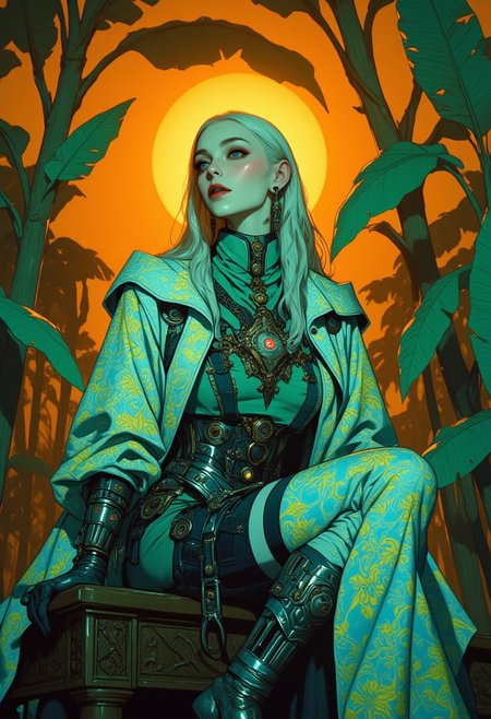 A pale-skinned woman with long, flowing silver hair sits gracefully on a bench, her sharp features exuding quiet intensity. She wears an emerald-green robe adorned with intricate, toxic fluorescent green floral patterns that glow with an otherworldly radiance. The high hooded collar frames her face, while the robe flows open, revealing a sleek, metallic exoskeleton-like arm brace on her left arm, embedded with glowing circuitry and delicate mechanical components. Her right arm bears an even more elaborate design, layered with intricate plating that reflects ambient light. A gold chain rests against her collarbone, and a small circular golden earring catches the light. Behind her, a lush banana tree stands tall, its broad, hyper-detailed banana leaves stretching outward in shades of luminous teal and cyan, their surfaces shimmering under the soft golden glow of a massive, fiery orange sun. The sunlight filters through the leaves, casting dappled patterns on her robe, blending warm and cool tones in an ethereal balance. The background remains minimalist, fading seamlessly into the scene, allowing the fusion of bioluminescent patterns, high-tech augmentation, and organic beauty to take center stage. The illustration merges science fiction with fantasy, crafting an atmosphere of contemplation and quiet strength.
