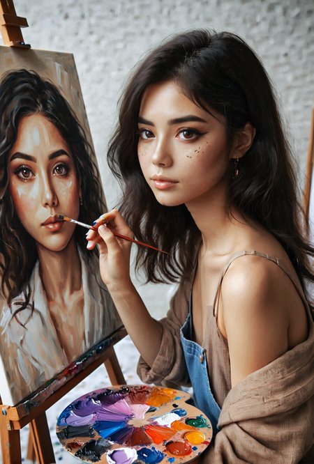 photo of a woman painting a self-portrait, painting, canvas, Korean, 1girl, brown eyes, black hair, <lora:paintingselfportrait:0.8>