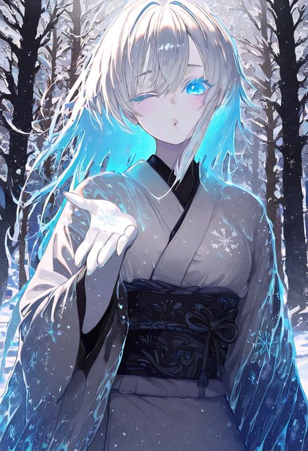 masterpiece, best quality, good quality, very awa, newest, highres, absurdres, 
1girl, solo, Yukinoshita Yukino, yuki onna, outdoors ,snow-covered forest, pale skin, detailed lips, glossy lips, long silver hair,bang cover eye, glowing blue eyes, white kimono, snowflakes swirling, wind lifting hair and fabric, icy breath ,blue glow,snow fall,slash,obi, blizzard,silhouette,<lora:blowing-kiss-illustriousxl-lora-nochekaiser:1>, blowing kiss, pucked lips, heart, one eye closed, o3o, looking at viewer, hand up
limited palette, h4ra_illu <lora:illustriousXL_stabilizer_v1.23:0.3> <lora:NOOB_vp1_detailer_by_volnovik_v1:0.3> <lora:ponyv6_noobE11_2_adamW-000017:0.3> <lora:114558v4df2fsdf5:0.7> <lora:XXX667:0.4> <lora:mon_monmon2133:0.7> <lora:hara_id_21:0.6>