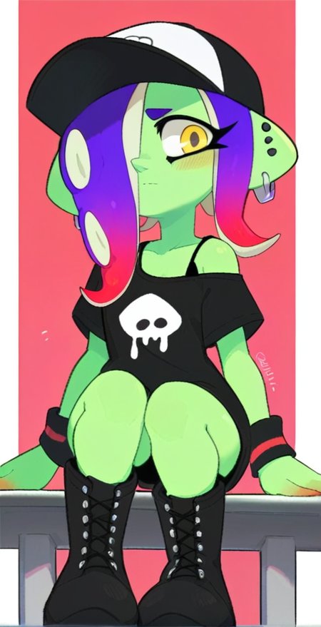 score_9, score_8_up, score_7_up, score_6_up, score_5_up, score_4_up, 1girl, solo, black dress, single off shoulder, short sleeves, bra strap, black baseball cap, multiple earrings, wristband, headphones, headphones over headwear, black knee boots,
 <lora:Splatoon - Acht v1:1> splat-acht, green skin, gradient hair, purple hair, <lora:Kiirono_Style:1>