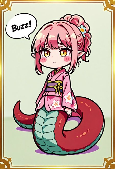 Masterpeice, high quality, english text:"Buzz Please,  text bubble, (buzz:1.4),
(Lamia:1.2), scaled tail topside, red scales, grey underside, pointy ears, pink hair, solo, 1girl,
fancy hairstyle, chibi,
 kimono, floral pattern, blush stickers,