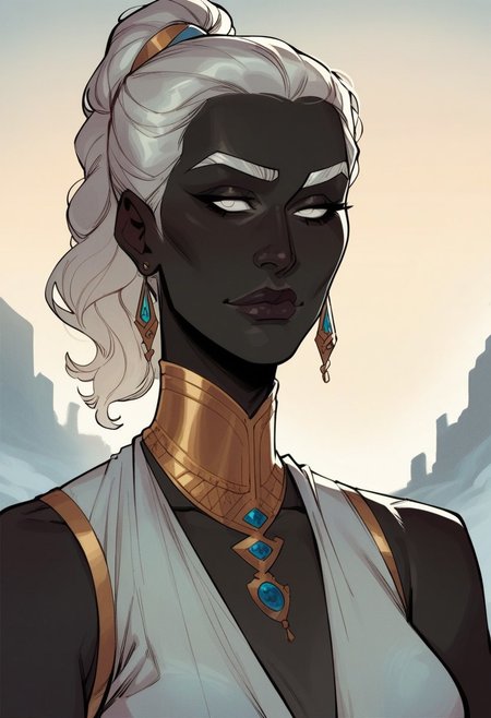 score_9, score_8_up, score_8, score_7_up, score_7, score_6_up, score_6, score_5_up, Score_5,human female, obsidian black skin, onyx black skin, round eyes, white eyes, small eyes, beautiful face, aesthetic face, narrow face, narrow nose, long nose, round ears, white eyebrows, long white hair, high ponytail, very tall, curvy, elegant, royal, aristocratic, majestic, chin up, seductive smile, slender. Silver jewelries. White jewelries. Blue jewelries. Lots of jewelries. White bracers, tight white dress,, vox machine style, 1girl, female focus, solo, portrait,   background of snow-covered landscape, fantasy, (dynamic lighting:1.1)
((masterpiece))