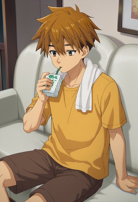 score_9, score_7_up, source_anime, 
yokoya, 1boy, male focus, solo, brown eyes, brown hair, hair between eyes, short hair, shirt, t-shirt, yellow shirt, short sleeves, shorts, brown shorts, towel around neck, 
indoor, couch, sitting, juice box, drinking straw, drinking,