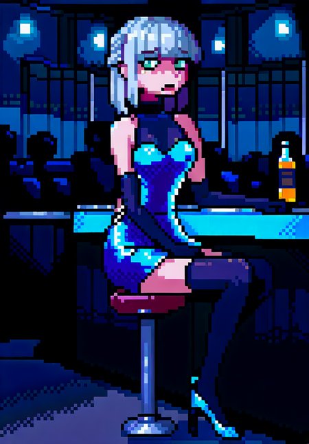 score_9, score_8_up, score_7_up, night club, lamps, night, crowd,nightclub,rave,spotlights,crowded, 1girl, green eyes, slit pupils, white hair, half updo, medium hair, hime cut, medium breasts, skinny, claws, sitting on bar stool, bar counter, front view, looking at viewer, showing panty, skirt up, white lace panty, wisky bottle, drunk, drunked, bubles, holographic, backless dress, short dress, holographic dress, long gloves, black stockings, stiletto shoes, good hands, <lora:Ehohinstyle:1>, ehohin 
 <lora:merged_pixel_base_model_svd:1> <lora:choutenchan_pixel_dotpict:1>