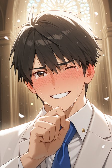realistic shading, natural lighting, male focus, looking at viewer, expressive face, doujouts, brown_doujouts_eyes, black_doujouts_male hair, 1boy, one eye closed, nose blush, ear blush, blushing, crying, one hand wiping tear, teeth, grinning, happy, shiny skin, groom cosplay, white formal suit, romantic, indoor church, wedding, bokeh, floating petals, sunray, centered, dynamic angle, intricately detailed illustration, depth of field, masterpiece, best quality, amazing quality, very aesthetic, absurdres, newest, anime screencap