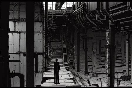 highly insanely detailed, masterpiece, top quality, best quality, highres, 4k, 8k, RAW photo, (very aesthetic, beautiful and aesthetic),  
tsutomu nihei,nihei_tsutomu,blame!,blame gakuen!,abara,TNstyle,sidonia_no_kishi,(tower,stairs,lab,tunnel,city ruins),wire,cables,tubes,industrial pipes,bones,clouds,air conditioner,bridge,ventilation fan,ventilation shaft,walkway,toha heavy industries,letterboxed,dark background, 
<lora:blamev2:0.7>, 
(1girl:1.3), 
solo focus, 
a modern construction site, featuring sleek machinery, organized storage of materials, precise measurements being taken, and workers collaborating efficiently,âââ