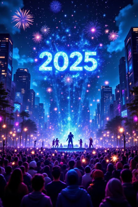 A futuristic New Year's celebration centered on a breathtaking holographic show. The scene captures a vast urban plaza with a colossal holographic projection of '2025,' surrounded by dazzling, animated visuals such as swirling galaxies, fireworks, and intricate geometric designs. The holograms extend high into the sky, blending seamlessly with the city's skyline. Below, a captivated crowd glows in the light of the holographic spectacle, with people holding sparklers and wearing futuristic attire. Performers in illuminated costumes interact dynamically with the holograms, creating a vibrant, immersive atmosphere that combines cutting-edge technology with celebratory energy.