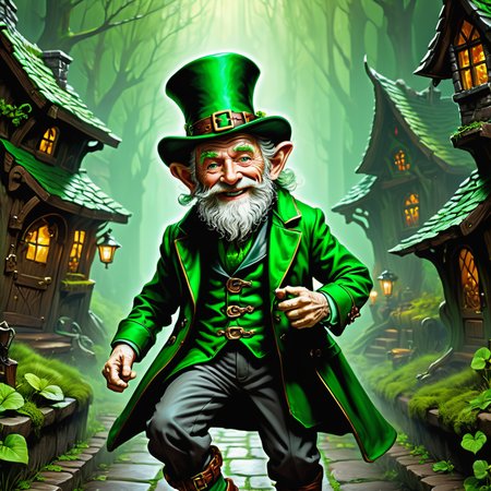 hyper detailed masterpiece, dynamic, awesome quality,leprechaun, mischievous, solitary,old men wearing green coats and buckled shoes, 3-4 feet tall, crafty and elusive, fantasy