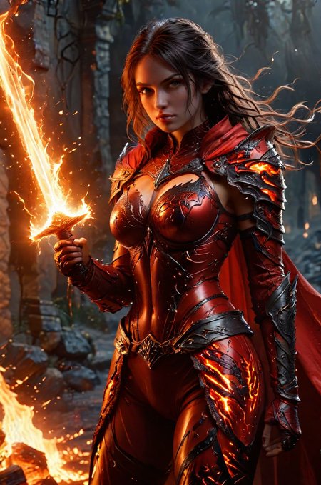 Beautiful young 20 yo female with detailed face and soft detailed lips hero in a molten heavy (red armor:1.5) holding a short sword, the gleam of the sword is on fire and sparkling with lightning standing viciously on his feet with black and dark blond hair in a medieval vilage on fire wearing a (fiery torned cape:1.8), show full body <lora:ral-lava-sdxl-v2:0.7> ral-lava, sharp focus, detailed hand grip  <lora:add-detail-xl:2.8><lora:sdxl_lightning_8step_lora:1>