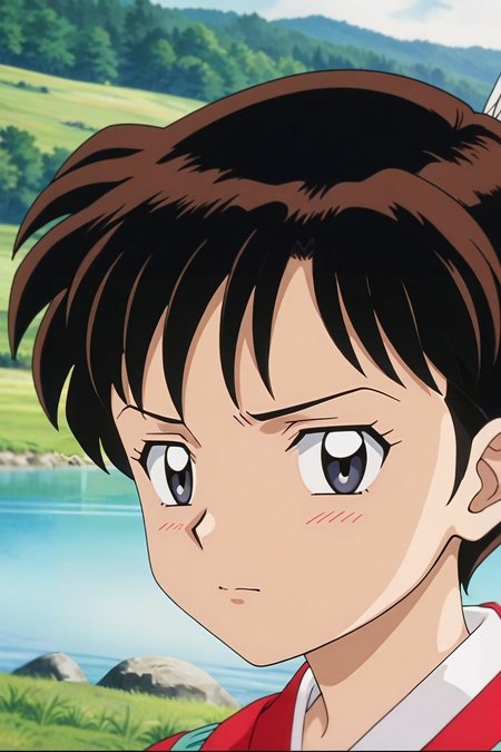 score_9, score_8_up, score_7_up, source_anime, rating_safe, anime screencap, , looking at viewer, depth of field, 1girl, grey eyes, dark blonde hair, pixie cut, hairpin, native american costume, solo, close-up, lake, noon, pose, nervous, <lora:inuyasha_style_pony:0.88>, inuyasha_style, retro artstyle, anime coloring, <lora:sdxl_lightning_8step_lora:1>