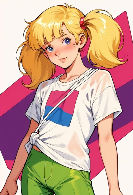 score_9, score_8_up, score_7_up, score_6_up, score_5_up, score_4_up, source_manga, 1girl, penny \(inspector gadget\), human, blonde hair, pigtails, blue eyes,
shirt, stripe, green pants,
hud_jem_boxart, colorful retro artstyle, colorful background, neon,