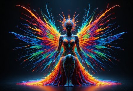 a full body fire entity with multicolored flames, professional photography of an fantastical warrior princess entirely made of cyberflies with whimsical elements, swirling magic, eerie fairytale landscape, elaborate fantasy style art, very colorful, intricate details, ultra sharp, exquisite detail, flawless composition, vivid colors, masterpiece, exciting background, TAS, TASvisuals, Psychedelic , Rave, Elaborate , Blacklight , Vibrant , cyberflies, black light paint, blp, Colorful Chaos Cracks and Drops, mad-glowtiedye, made out of,colorful,liquid,Murano Art Glass
