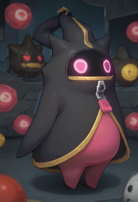 score_9, score_8_up, score_7_up, depth of field, perfect soft lighting, best shadows, volumetric, detailed image, high resolution, Expressiveh, Eous,
bangboo \(zenless zone zero\), bangboo, banette_mega <lora:POKEMON_BANETTE_MEGA:1> 1other, black fabric, zippers, pink eyes, glowing, black face, female, solo, cute,
stubby legs, short body, BREAK posing, dynamic, detailed background, night city, soft neon,