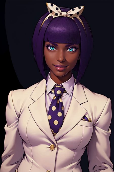 masterpiece,best quality,extreme detail,8k,<lora:menat-10:0.8>,menat2, 1girl, solo, looking at viewer, smile, short hair, bangs, simple background, bow, jewelry, green eyes, jacket, upper body, purple hair, hairband, necktie, alternate costume, dark skin, blunt bangs, aqua eyes, official alternate costume, dark-skinned female, lips, makeup, formal, bob cut, white jacket, suit, polka dot, lipstick, black background, eyeshadow, very dark skin