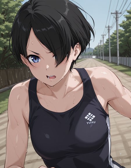 <lora:Yuka_Okitsu_ILXL:0.8> okitsu yuka, short hair, black hair, hair over one eye, parted bangs, blue eyes <lora:athleticgirls_IL:0.6> athletic girl
1girl, solo, running, trail, upper body, sweat