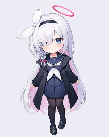 plana \(blue archive\),1girl, solo, halo, white_background, full_body, black_skirt, simple_background, pleated_skirt, black_footwear, hair_over_one_eye, long_sleeves, looking_at_viewer, shoes, paper, black_pantyhose, sailor_collar, black_serafuku, chibi, white_neckerchief, blush, black_shirt, holding, bow_hairband, closed_mouth, coat, white_hairband, hair_ribbon, sleeves_past_wrists
<lora:plana_(blue_archive)_image5824_2023-12-03-000009:1>halo. gorgeous,key visual, vibrant, studio anime,award-winning, professional, highly detailed,high budget, cinemascope