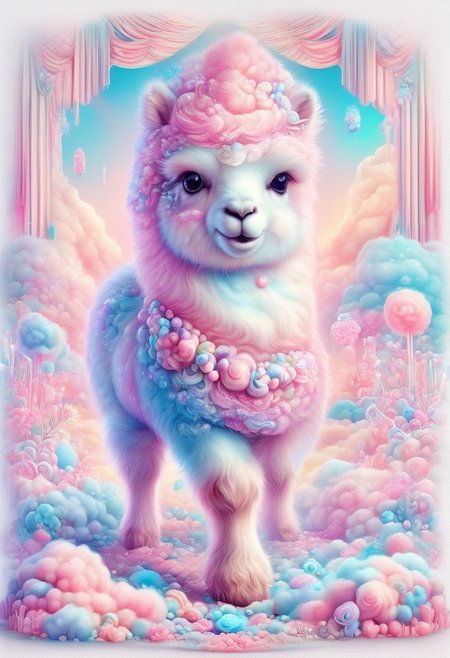 (cute llama made of candy:0.9), cottoncandy, cute, no humans, solo, elaborate, (ultra realistic:1.1), (masterpiece, shiny:1.2), best quality, pastel colors, extremely detailed, intricate, detailed background,  safe_pos