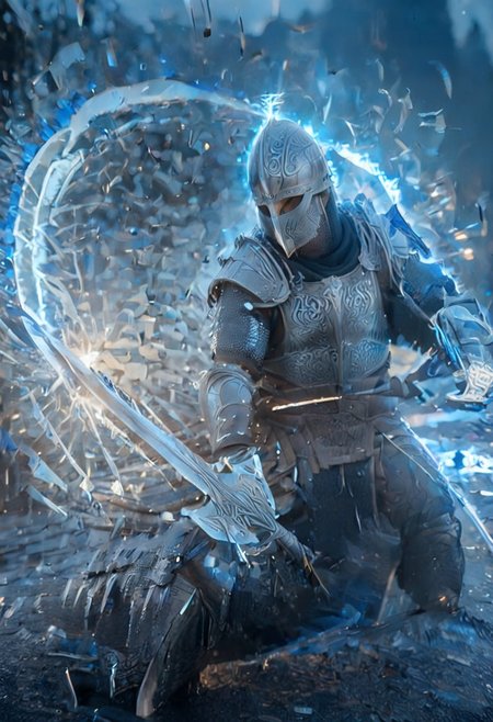 1man, armored Viking warrior in lamellar armor, wearing Viking helmet and lamellar armor, Incoming sword, broken glass, brave perspective, reflection, glowing lightning slash, Viking sword, blue flames, shatter, holding sword, glowing sword, motion blur, emphasis line, outdoor in the darkness, looking at viewer,