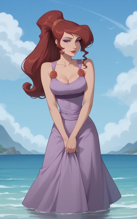 score_9, score_8_up, score_7_up, BREAK
MainOutfit_Megara_ownwaifu, 
1girl, big hair, breasts, curly hair, eyelashes, hair bun, high ponytail, long hair, makeup, narrow waist, purple eyes, purple eyeshadow, red hair, red hairband, red lips, lipstick, medium breasts, dark skin, dark-skinned female, hair over one eye, collarbone, 
purple dress, sleeveless dress, cleavage, clothes around waist, sleeveless, bare shoulders, long dress,
(wading, beach), head tilt, sidelighting, ocean, sky, water, caustics, cowboy shot, <lora:PONYXL_Hercules_Megara_ownwaifu:0.85> , depth of field, solo,