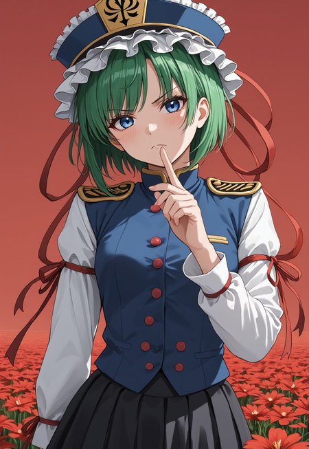 safe_pos, 1girl, solo, solo focus, highres, absurdres, shikieiki, green hair, frilled hat, blue eyes, blue headwear, short hair,

long sleeves, black skirt, white shirt, blue vest, red ribbon, epaulettes, small breasts, arm ribbon, buttons, 

looking at viewer, head tilt, serious, hand up, shushing,

red spider lily, flower field, red sky, dark, red theme,