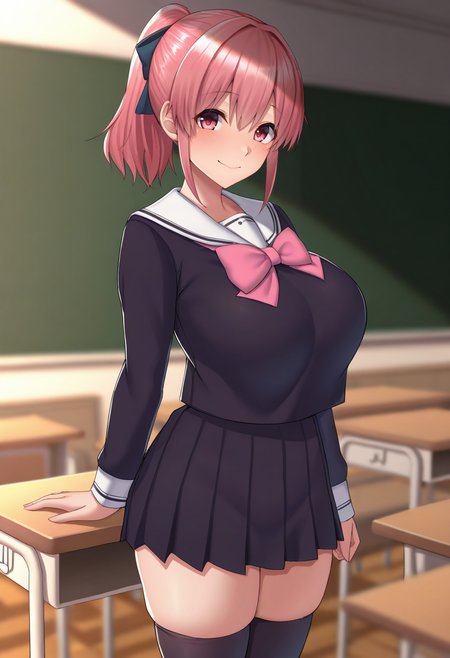 masterpiece, best quality, <lora:doraiaskazuyo:1> d0r414sk4z0y0, 1girl, solo,standing,looking at viewer, happy, closed mouth,pink hair, ponytail, pink eyes, large breasts, school uniform, bow, long sleeves, skirt, skindentation, thighhighs, indoors, classroom,