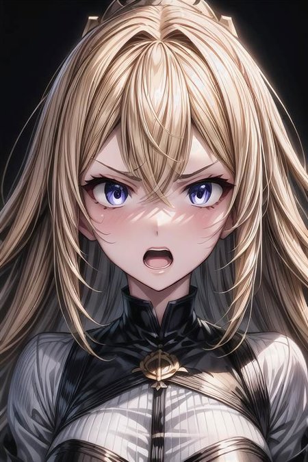 (masterpiece),
Luna,
1girl, blonde, floating hair,
white shirt,
 upper body shot, 
 HDR, highly detailed, 32k,
 black background, anger mood, 
perfect face feature,