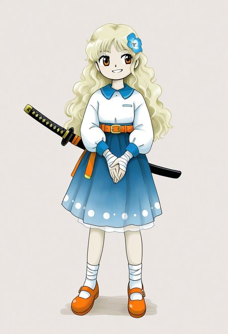 watercolor, aesthetic, colorful, jaggy lines, zun \(style\), BREAK, 1girl, solo, (medium height, pale blonde hair, long hair, wavy hair, (Nemophila, flower in hair, one flower), orange eyes, white blouse, blue shirt collar, long sleeves, blue skirt, mary janes, orange footwear, orange belt, katana sheath, white leg wraps, white hand wraps), standing, smiling, showing teeth, hands together, simple background, full body,