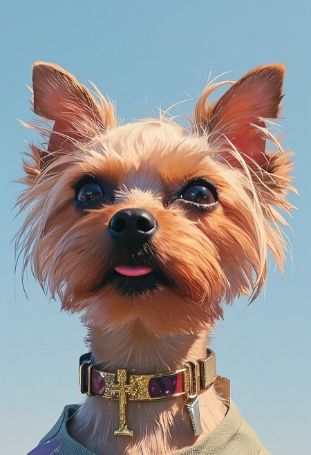 A hyper-detailed, avant-garde photograph featuring a striking Yorkshire Terrier named Allab with pale light brown fur, set against a serene, clear blue sky. The close-up shot accentuates the impeccable texture of its coat, enhanced by iridescent striped markings that stretch elegantly from one side of its face to the other, adding an artistic flair. Allab's eyes are mesmerizing, accented by shimmering metallic details that complement a bold, deep red color on its muzzle, creating a dramatic contrast with the pale fur. Large, intricately designed golden ear accessories shaped like Christian Holy Crosses gleam as they catch the light, contributing to Allab’s modern, sophisticated allure. The dog wears sleek, metallic urban Buddhist monk attire with a turtleneck that underscores its avant-garde aesthetic. The reflective surfaces of both the accessories and outfit interact dynamically with the environment, amplifying Allab’s futuristic presence. The minimalist background keeps the focus on this striking fashion-forward scene, captured with a Sony A7R IV camera and a 50mm f/1.2 G Master lens for an editorial-style shot. This composition merges contemporary fashion and minimalist elegance, drawing inspiration from avant-garde photographers like Sølve Sundsbø and blending mythp0rt and niji_flux styles into a high-fashion visual narrative.