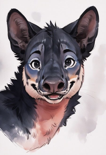 Score_9, score_8_up, score_7_up, watercolor, sketch, close up, headshot, white background,
full body, tiny tail, short fur, long nose, round nostrils, hanging nose, black fur, black eyes, mouth open, smiling, 
anthro, (source_furry), M0unta1n_Tap1r
