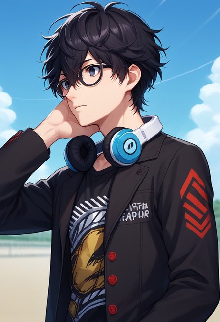 score_9, score_7_up, source_anime 
renpers, 1boy, male focus, solo, black eyes, black hair, hair between eyes, short hair, glasses, headphones, headphones around neck, shirt, black shirt, print shirt, jacket, black jacket, long sleeves, open jacket, open clothe
outdoor, sky,