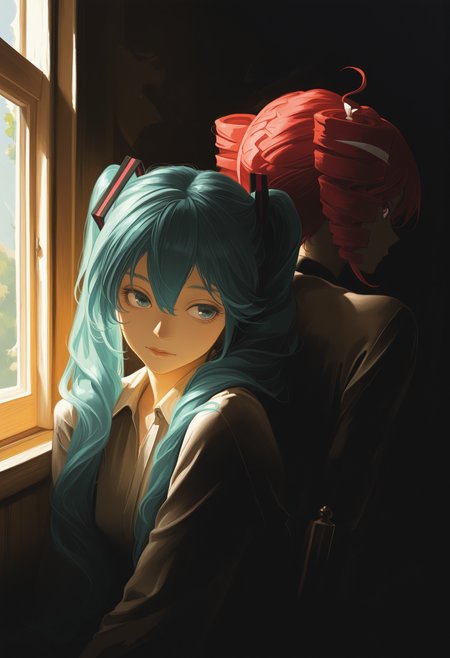 painterly, artist:[caravaggio|adam de coster|yoneyama mai|cursedweeboo|daodtt|diao \(nrays\)|ravine bells],
2girls, hatsune miku, blue hair, twintails, sitting, upper body, back-to-back, looking to the side, looking at viewer, leaning back, bright, sunlight, window,
newest, impasto, brushstroke, impressionism, chiaroscuro, oil painting \(medium\), newest, absurdres, masterpiece, very aesthetic