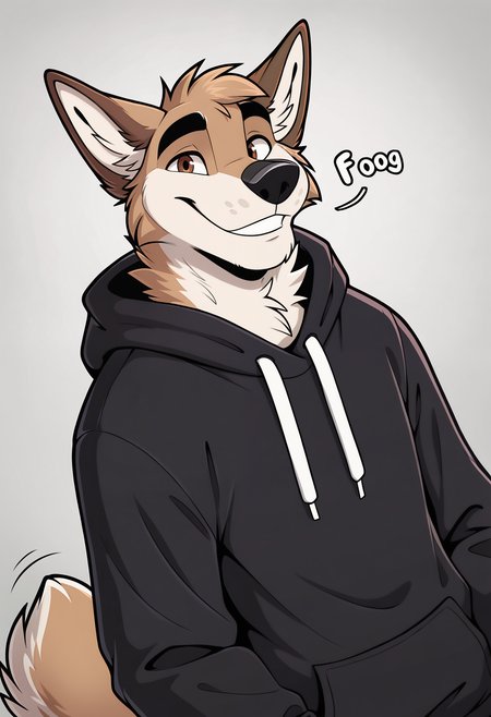 depth of field, blurry background, eye reflections, reflections,   dutch angle, anthro, adult, furry, no humans, tail, sound effect,   sound effect, motion lines,   by ango76, <lora:Ango76_Artist_Style_Illustrious:1.0>,   masterpiece, best quality, amazing quality, very aesthetic, absurdres, newest,  1boy, male focus, hood, animal ears, furry, solo, furry male, smile, upper body, hoodie, looking at viewer, grey background, dog ears, simple background, thick eyebrows, brown eyes, dog boy, hood down, black hoodie