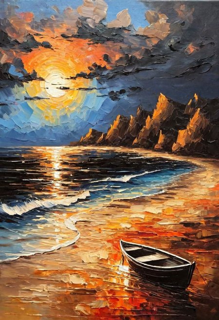 Impressionist oil painting on an old canvas, sunset on the beach , yatch on the sea, energetic strokes, black and bronze palette, fine and detailed strokes