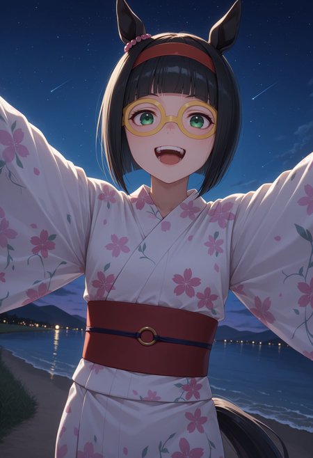 masterpiece, best quality, amazing quality, very awa,absurdres,newest,very aesthetic, looking at viewer,
 <lora:Mini the Lady noob:0.9> 1girl, girls, short hair, bob cut, blunt bangs, black hair, red hairband, animal ears, horse girl, horse tail, green eyes, teeth, ear ornament, yellow glasses,  upper body, close portrait, night sky, open mouth, , star (sky), smile, floral print, outstretched arms, sash, outdoors, obi, yukata, starry sky, water,, hair ornament,