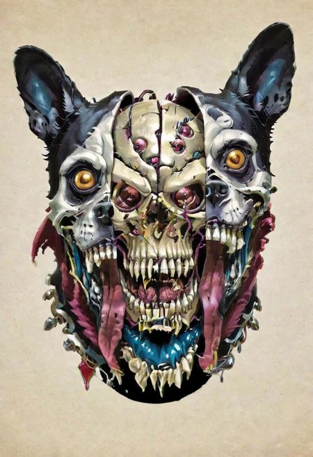 split head, cybermutant, skull inside crazy dog head