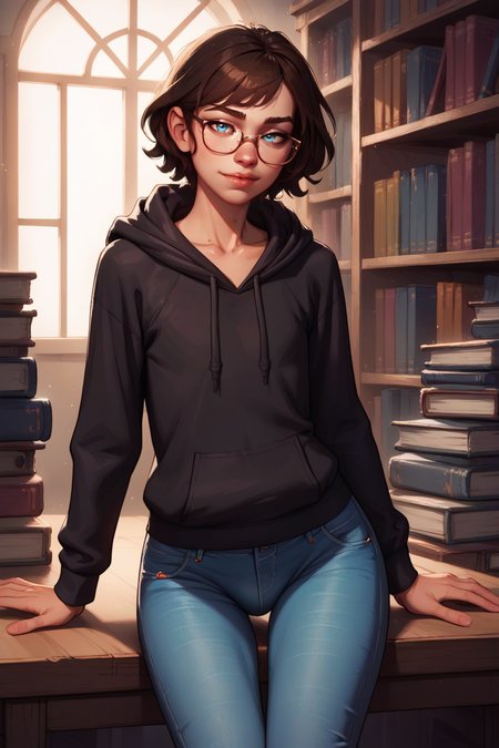 score_9, score_8_up, score_7_up,   <lora:princess_xl_v2:0.7>, <lora:arcan3styl3v1PonySDXL:0.5> arcan3styl3v1,<lora:Concept Art Twilight Style SDXL_LoRA_Pony Diffusion V6 XL:0.5>,<lora:mfcgXL:0.25>, <lora:officialpit_style_v11:0.4>, source_cartoon,
tall slender 20yo adult guy, (brunette:1.5), messy medium short hair, looking at viewer, (flat chest),  (tiny bulge:1.2), (hips:1.2), (small_eyewear:1.3)
(baggy long (black_hoodie:1.4), loose jeans:1.2), (at a library study table:1.4),
 (mid shot:1.3),