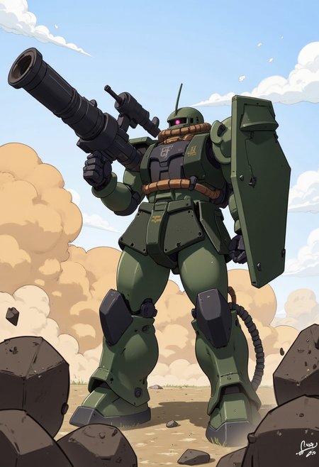 Create a dynamic and detailed illustration of a Zaku II mobile suit in the midst of combat. The Zaku II,best quality,masterpiece,highly detailed,ultra-detailed, 
<lora:neg4all_bdsqlsz_V3.5:-1>   
 <lora:zaku:1> day, dirty, holding weapon, machinery, mecha, mobile suit, model kit, no humans, radio antenna, redesign, robot, science fiction, shield, shoulder spikes, solo, standing, weapon, zaku, zeon, <lora:cartoonisationer-V4-8:0.75><lora:cartoonisationer:0.75> <lora:cartoonisationer-21st_ce:1.25>