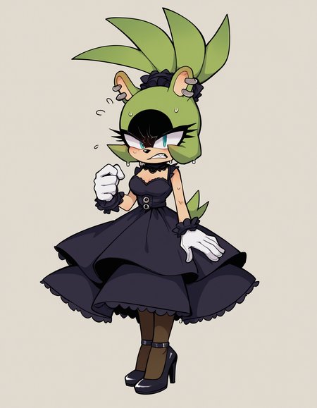 zPDXL, score_9, score_8_up, score_7_up, score_6_up, score_5_up, source_anime, 4k, absurdres, 1girl, solo,
blush, looking away, angry, nervous, sweat, gothiclolita wearing Romantic gothiclolita outfit, dusty rose dress with lace-up bodice, sheer stockings, kitten heels, lace gloves with ribbon ties,lace choker adorned with a cameo pendant, pantyhose,, <lora:Surge_v1-3-15:0.8> surge the tenrec, aqua eyes, green fur, black fur, two-tone fur, hair up, black eyeshadow, white gloves, animal ears,