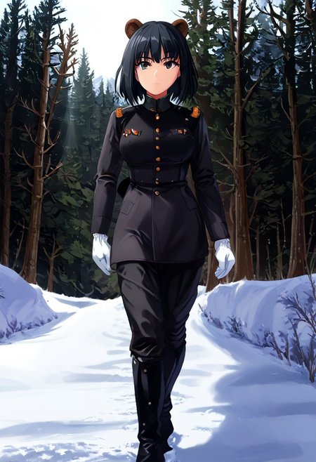 black hair, girl, black military uniform, gloves, outdoors, walking, bear ears, trees, sun rays, snow,  angled view