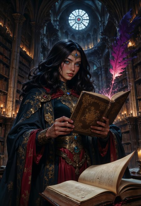 A mysterious librarian of forbidden knowledge, Seraphine Vale dwells within a vast, candlelit cathedral library where the very air hums with arcane whispers. Her long, raven-black hair cascades down her back, partially covering a velvet cloak embroidered with eldritch symbols. Her piercing violet eyes glow faintly, revealing glimpses of the secrets she guards. In one hand, she holds an ancient tome bound in shadowy tendrils that seem to move on their own; in the other, an ethereal quill that writes prophecies in midair. The dim light flickers as she turns a page, revealing glyphs that shift and rewrite themselves. The air is heavy with dust and the scent of aged parchment. Gothic fantasy, dark academia, highly detailed, atmospheric lighting.