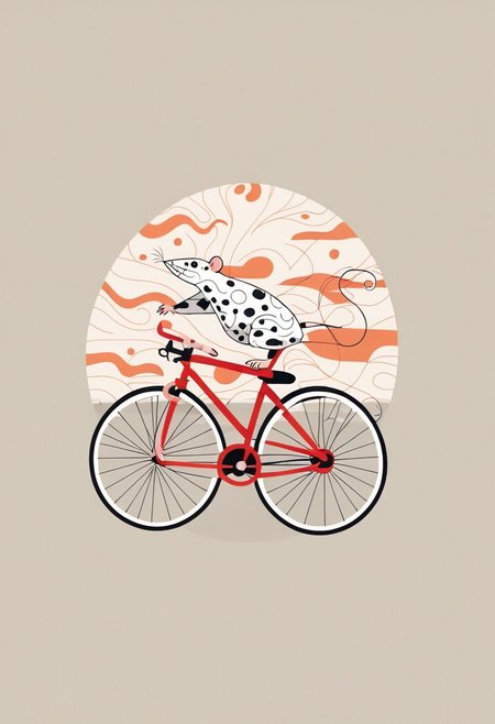 score_9, score_8_up, mpzthzz, memphis corporate design, flat art, flat coloring, simple, vector art, corporate art, cel shading, cel shaded, white rat, stylized rat, minimalist rat, geometric rat, rat on bicycle, streamlined rat, motion, dynamic composition, Memphis-style elements, decorative shapes, bold corporate colors, abstract patterns, clean lines, sharp edges, whimsical, modern