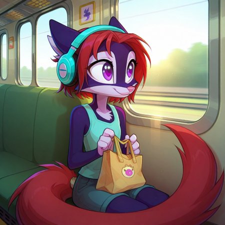 Dreamkeepers,Indi_and_Digo,1girl,solo,furry,tail,source_furry,,red hair,purple fur, purple eyes,masterpiece, 
kid, child, 
indoors, train, window, looking_out_window, sitting, casual_clothing, warm_sunlight, motion_blur, peaceful_expression, gentle_smile, headphones, holding_bag, soft_focus, detailed_background