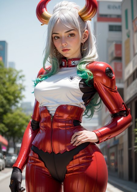 <lora:yamato_v2:1>,multicolored hair,white hair,green hair, oni horn ,colored horn,long hair,red eyes,yamato\(one piece\),A mature woman,Dance moves,android, cybersuit, exosuit, hardsuit, mechasuit, mecha,