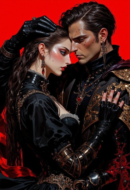 Medium-shot, An intense and dangerously alluring gothic couple posed in a dramatic close-up against a vivid crimson background. The man exudes dark charisma, short dark hair, wearing a sleek black leather coat, his piercing, glowing red eyes. His gloved hand grips the woman’s head protectively and sensually, adding a touch of dominance. The woman, long dark hair, wears a form-fitting black latex corset accented with delicate lace and a high-collared blouse featuring ruffled cuffs. Her icy blue eyes gleam with a soft glow, contrasting against the bold red of her lips. The intricate detailing of her outfit is complemented by elegant gemstone earrings. The couple’s poised intimacy, combined with the bold color palette and polished gothic fashion, creates an image of romantic intensity and dark elegance
DB4RZ, DB4RZ style painting