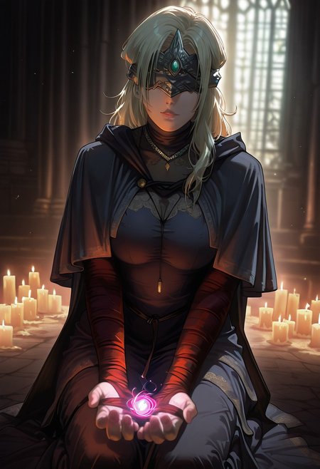 score_9, score_8_up, score_7_up,High quality, dark_art_style, volumetric lighting, soft lighting, midevial scene, HDR, source_real, ((Realistic skin, skin texture)),(detailed fur:1.3), photo of a woman, firekeeperill, blonde hair, mask, dress, capelet, necklace, bandaged arm, her arm clutches her chest, partially exposing cleavage,  high-quality, suggestive digital painting by artist VexXart. It features a knight in dark armor kneeling before a mysterious, ethereal woman with long, flowing silver hair and a crown-like headpiece. She holds a glowing orb, casting an otherworldly light. The background is a dimly lit, gothic cathedral with candles and broken stone. The composition uses dramatic lighting and symmetry, creating a haunting, mystical atmosphere.((detailed realism, 8k)), Large breasts, ample bosom, (photographed on a Panasonic Lumix GH6, FE 80mm lens, F1.4)